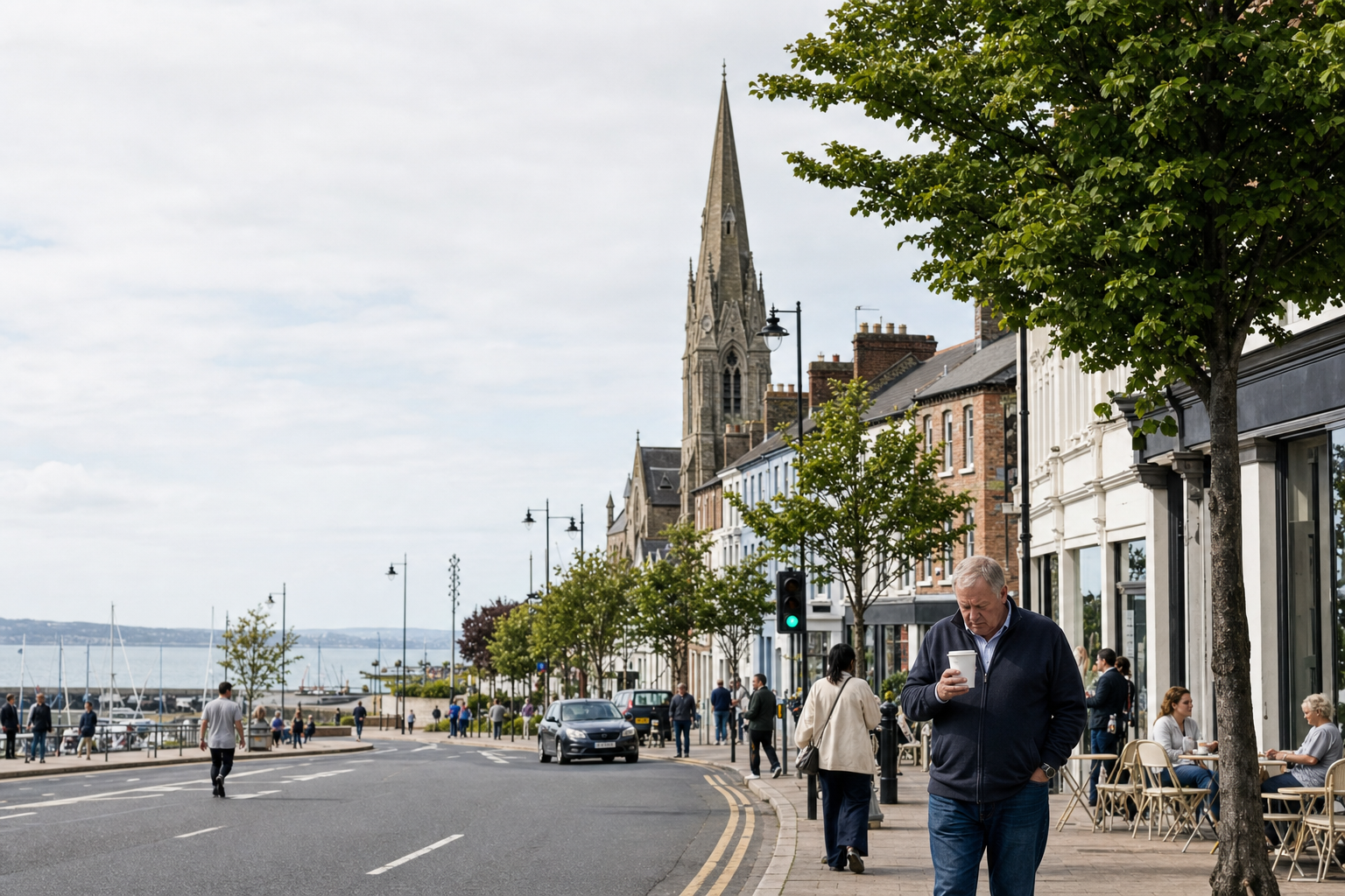 Man walking on a street near a seaside promenade, drinking coffee, with a church spire and parked cars in the background.