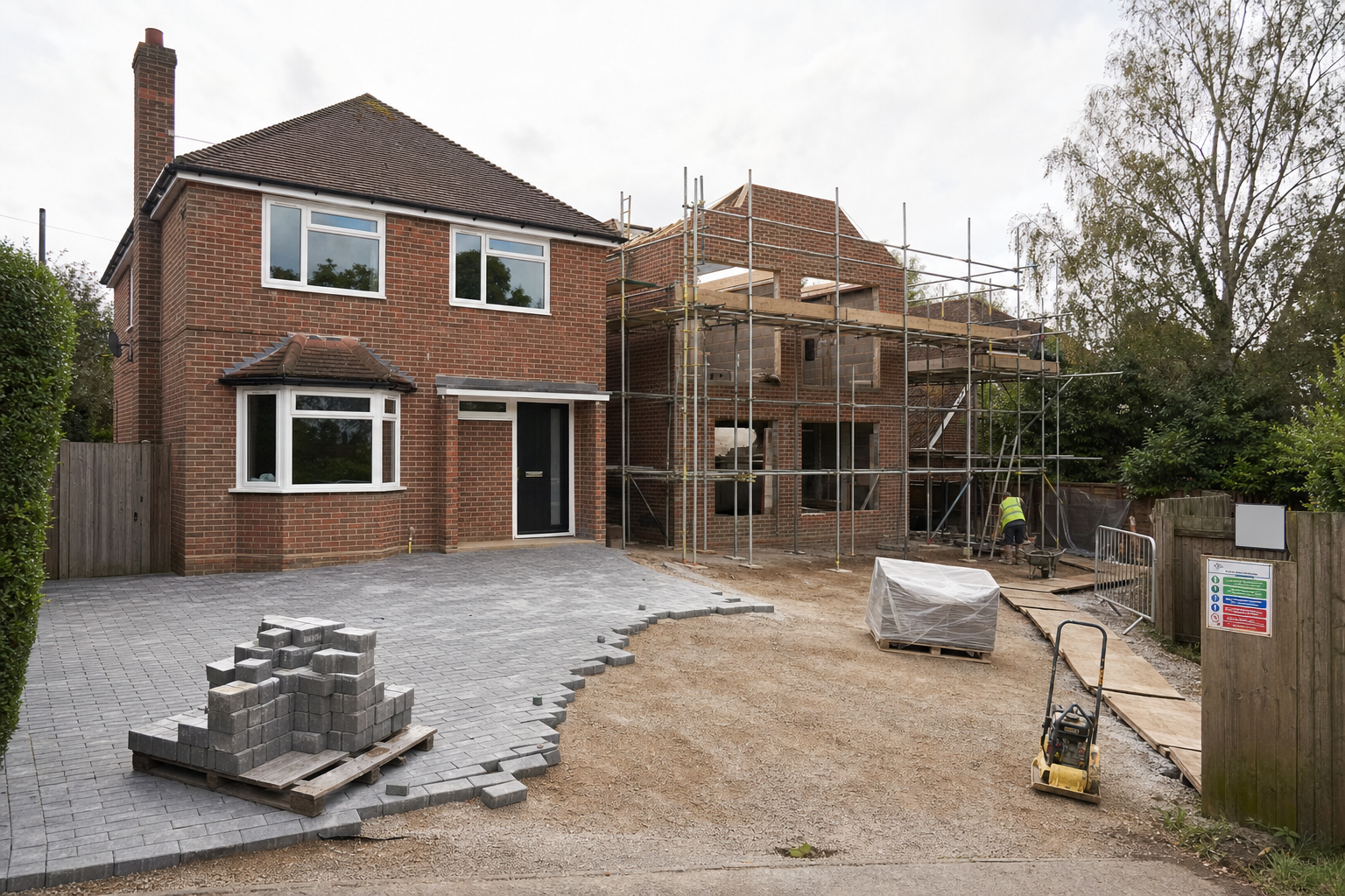 Brick house with a paved driveway under construction, showing scaffolding and a worker in a high-visibility vest.