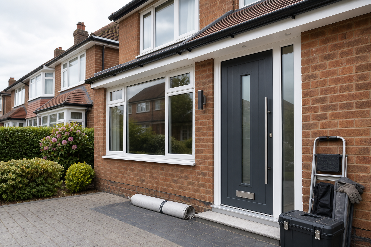 Modern brick house entrance with a dark front door, a roll of carpet, and tools outside.