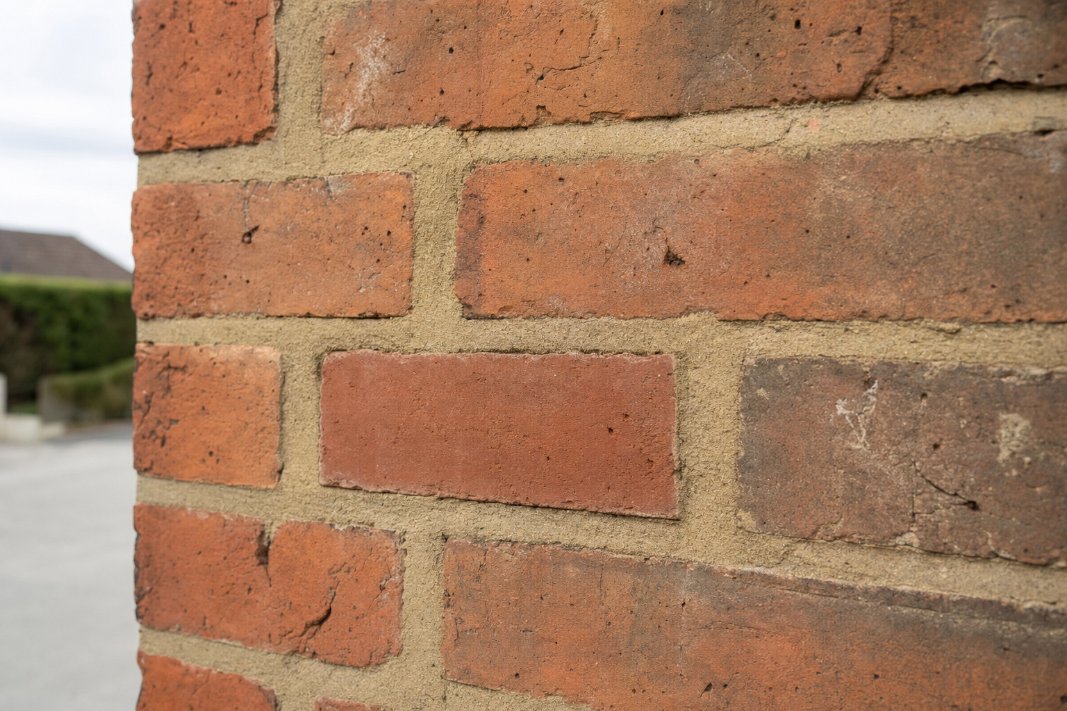 Close-up of a brick wall with orange-red bricks and beige mortar in an outdoor setting.
