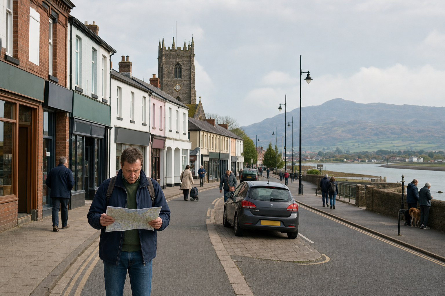 A man reads a map on a town street near a river, with hills and a church in the background.
