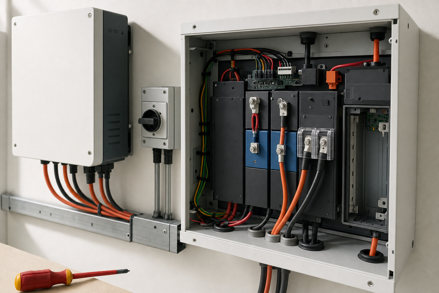 An opened electrical control panel with orange and black cables and a red-handled screwdriver placed nearby.