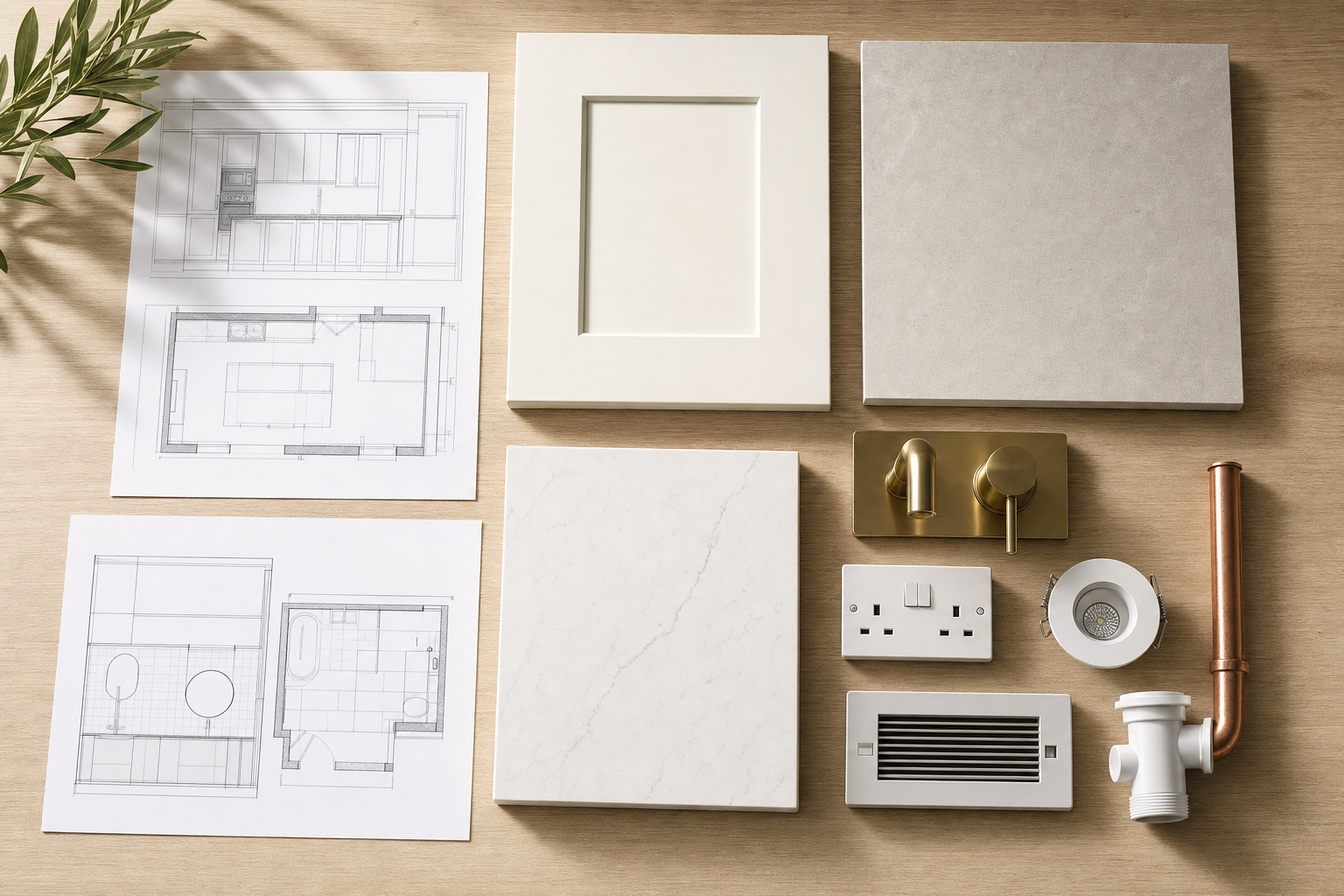 Architectural plans and various building materials displayed on a wooden surface with natural light.