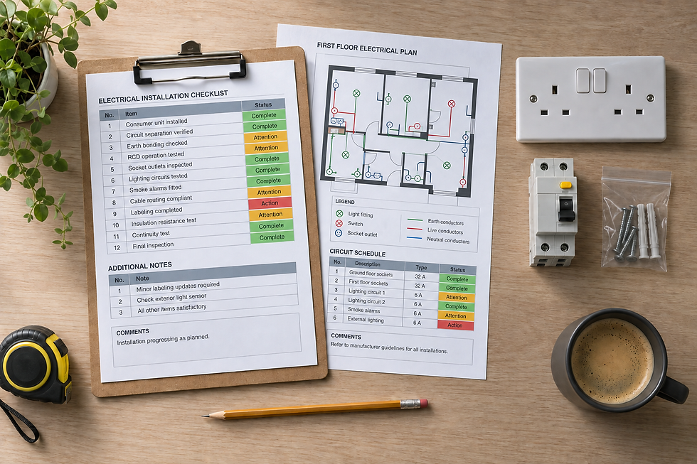 Electrical installation checklist and floor plan on a clipboard, surrounded by a tape measure, coffee, switch, and circuit