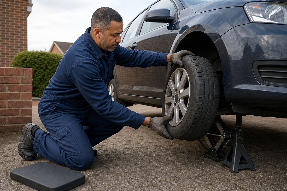 Mechanic in blue overalls kneeling and fixing a tyre on a jacked-up car.