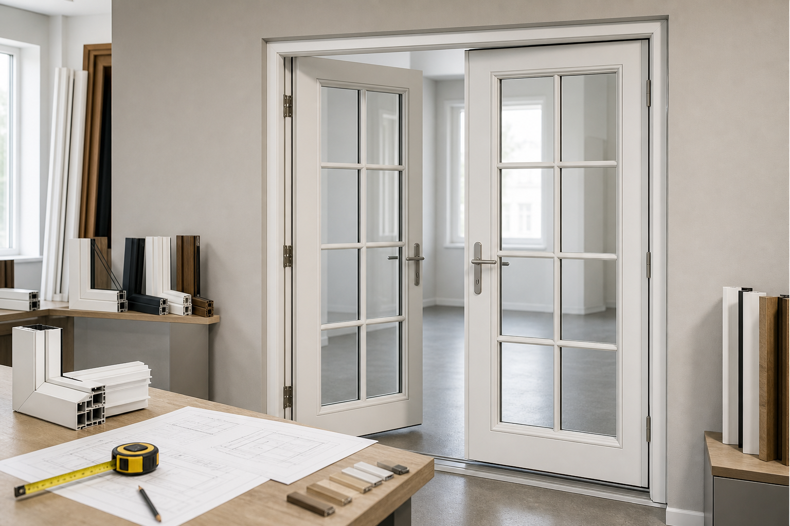 White framed double doors with glass panels open inward, surrounded by window frame samples and architectural plans.