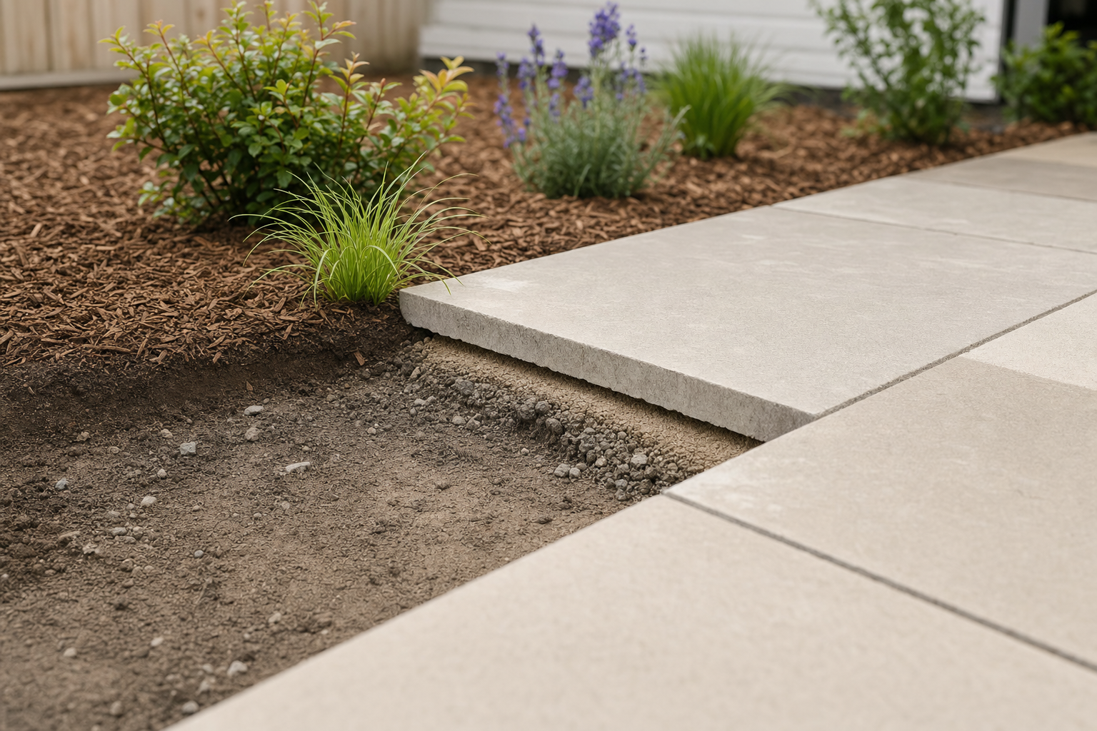 Stone paving slab beside a mulched garden bed with flowering plants.