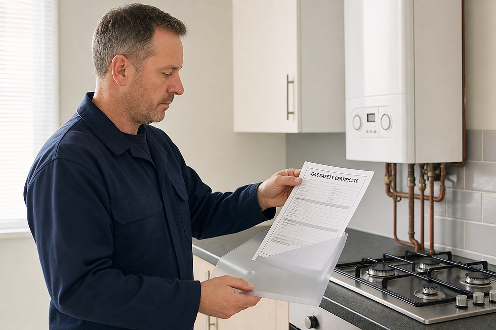 A man in a blue uniform reviews a gas safety certificate in a kitchen with a boiler and stove.