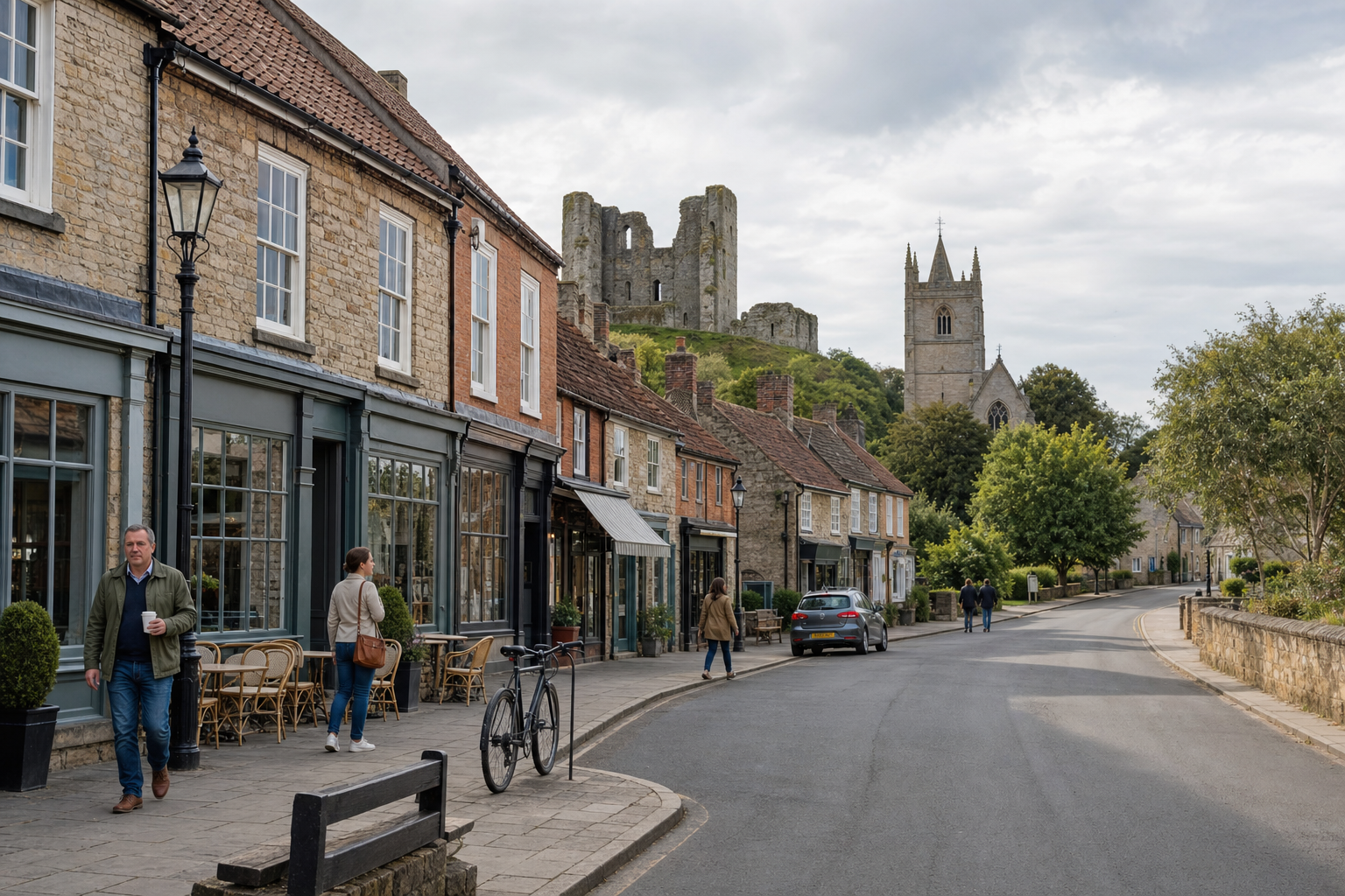Quaint town street with shops, a cyclist, and a distant view of a castle and church under a cloudy sky.