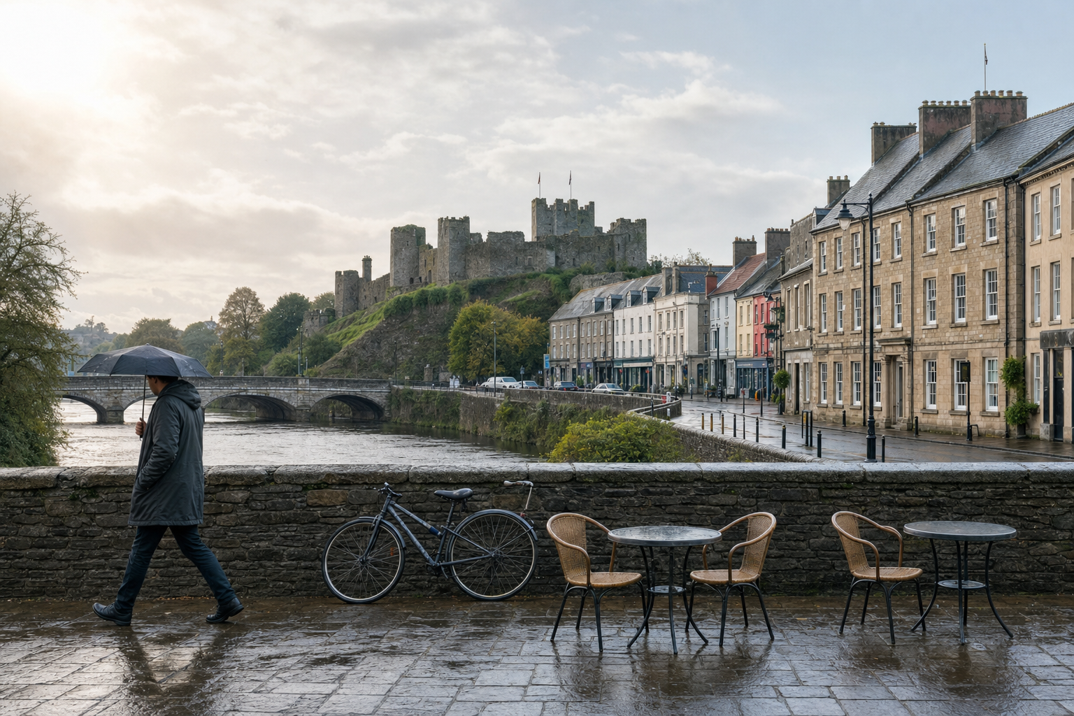 A man with an umbrella walks along a wet riverside street with a castle in the background.