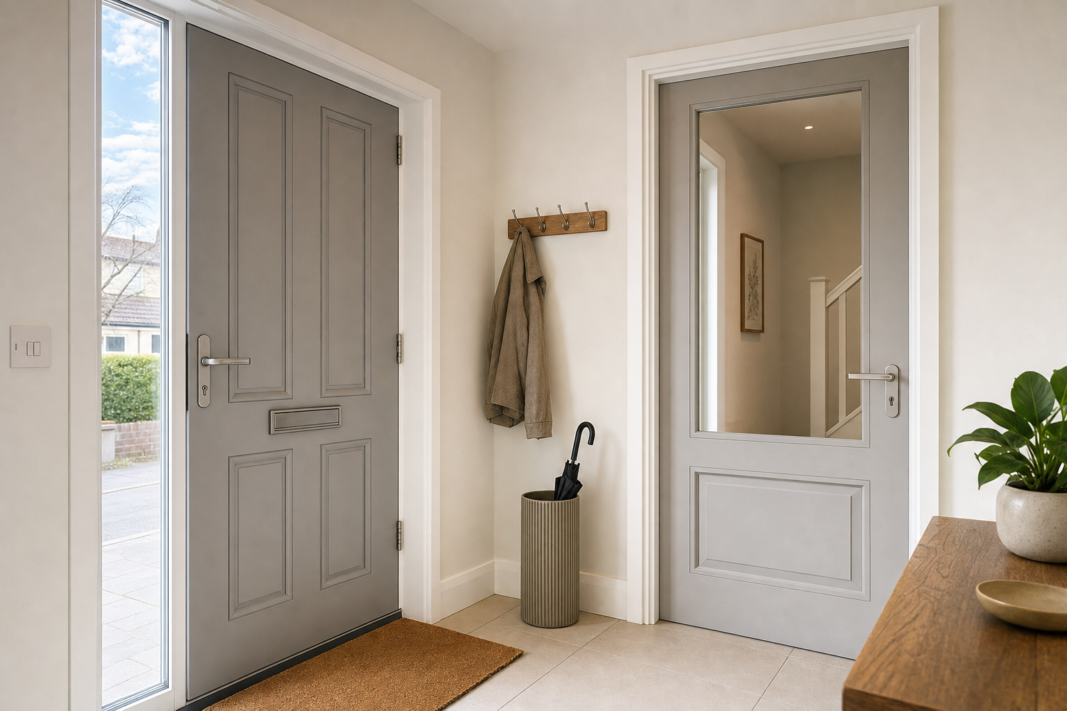 Modern hallway with grey doors, a coat hook, an umbrella stand, and a potted plant on a wooden table.