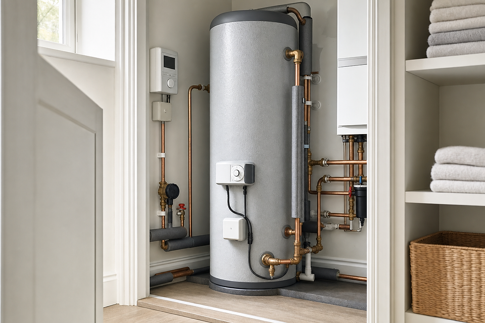 Modern water heater with copper pipes installed in a small utility closet next to neatly folded towels.