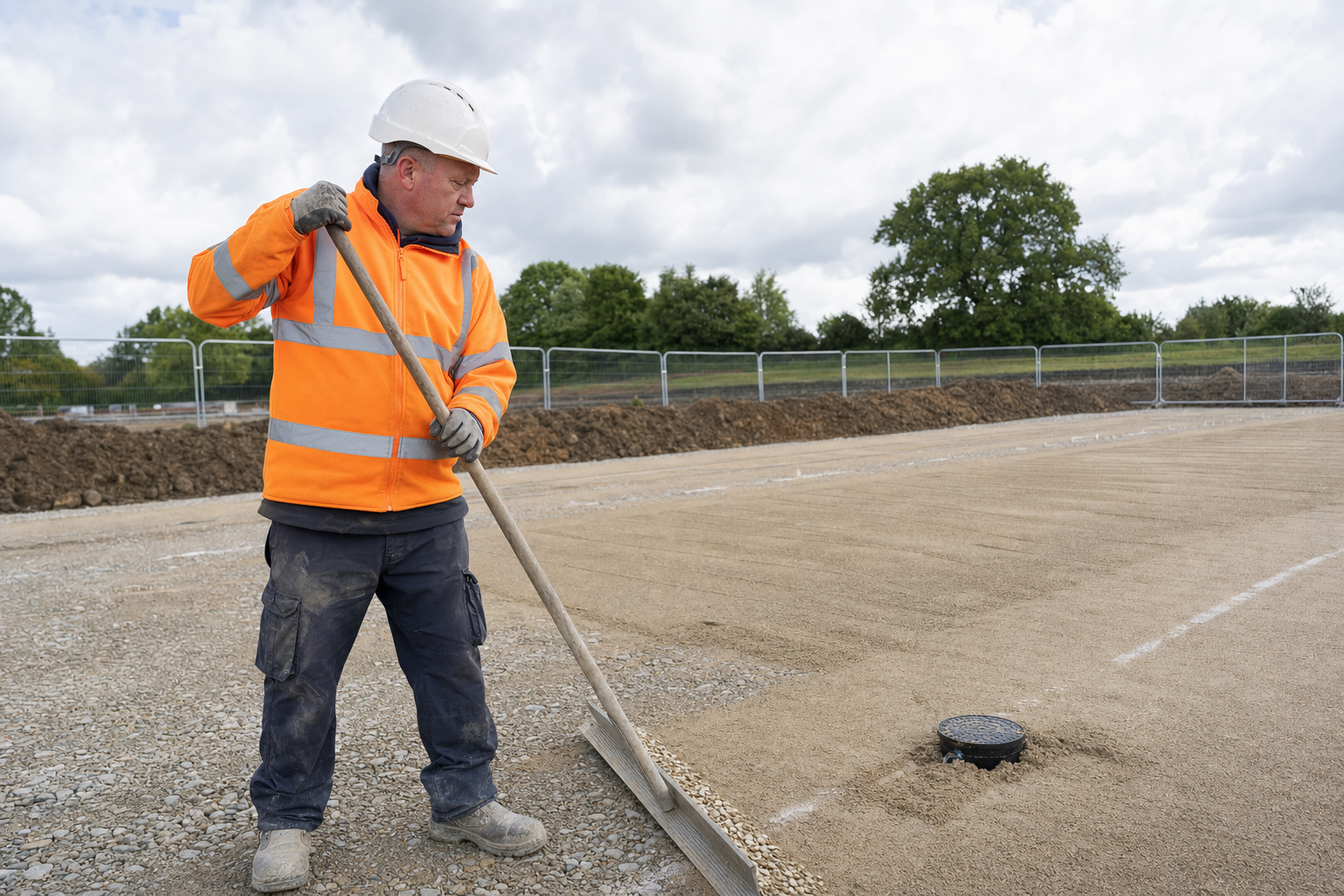 Construction worker in a high-visibility jacket rakes gravel at a work site with trees and safety fencing in the background.