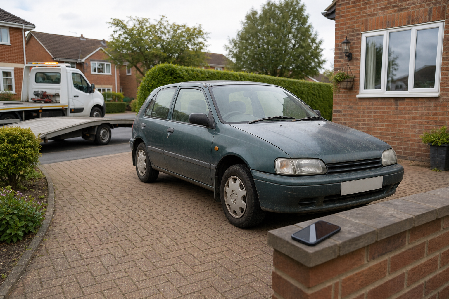 Old green car parked on a driveway near a tow truck with a smartphone on a brick wall.