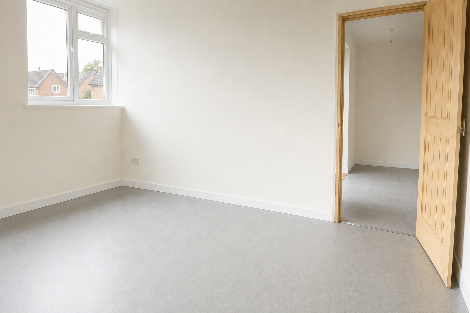 An empty room with light grey flooring, cream walls, and a wooden door leading to another room with a window.