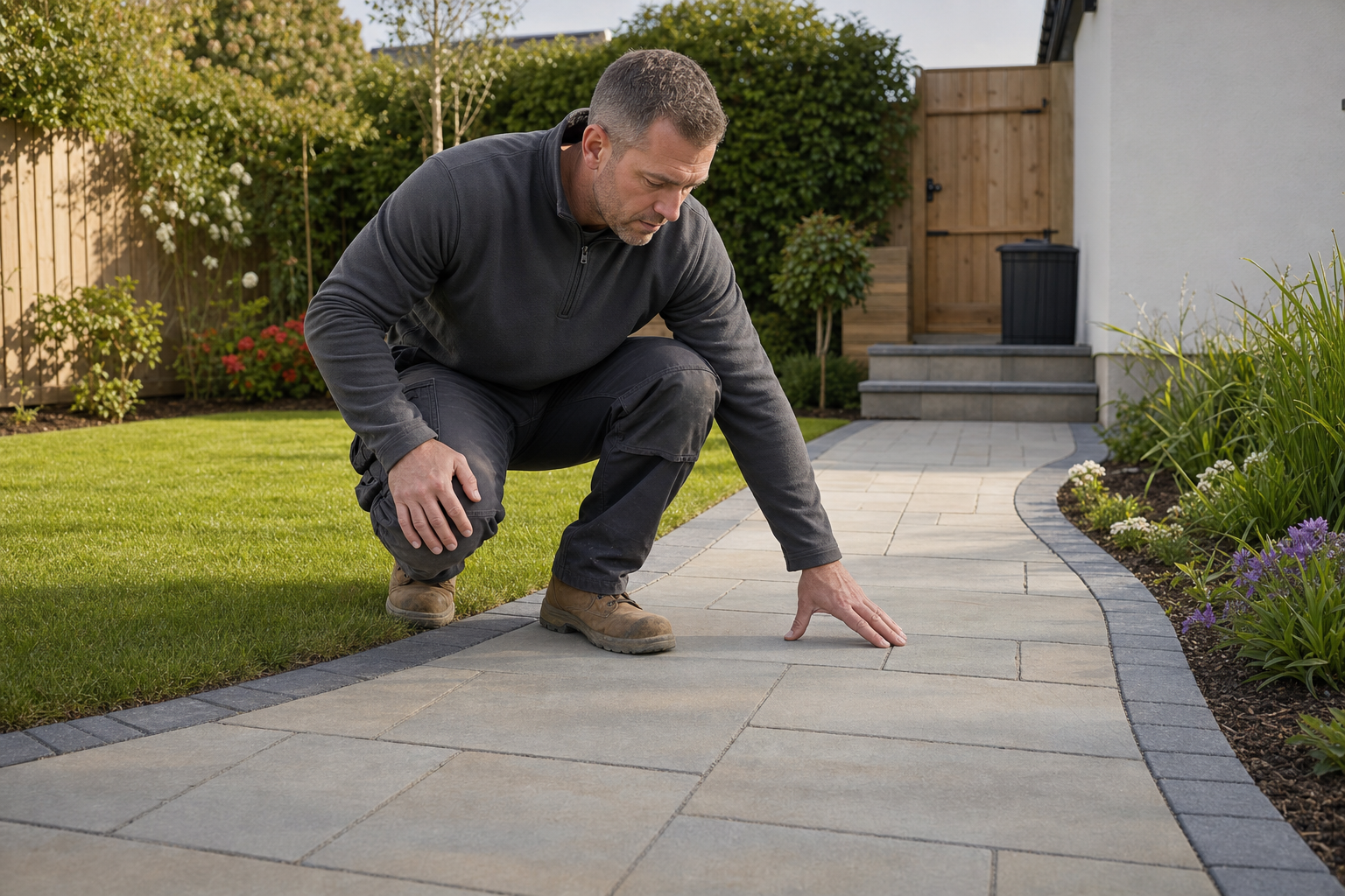 A man inspects a newly laid patio in a neatly landscaped garden with a wooden gate and plants in the background.