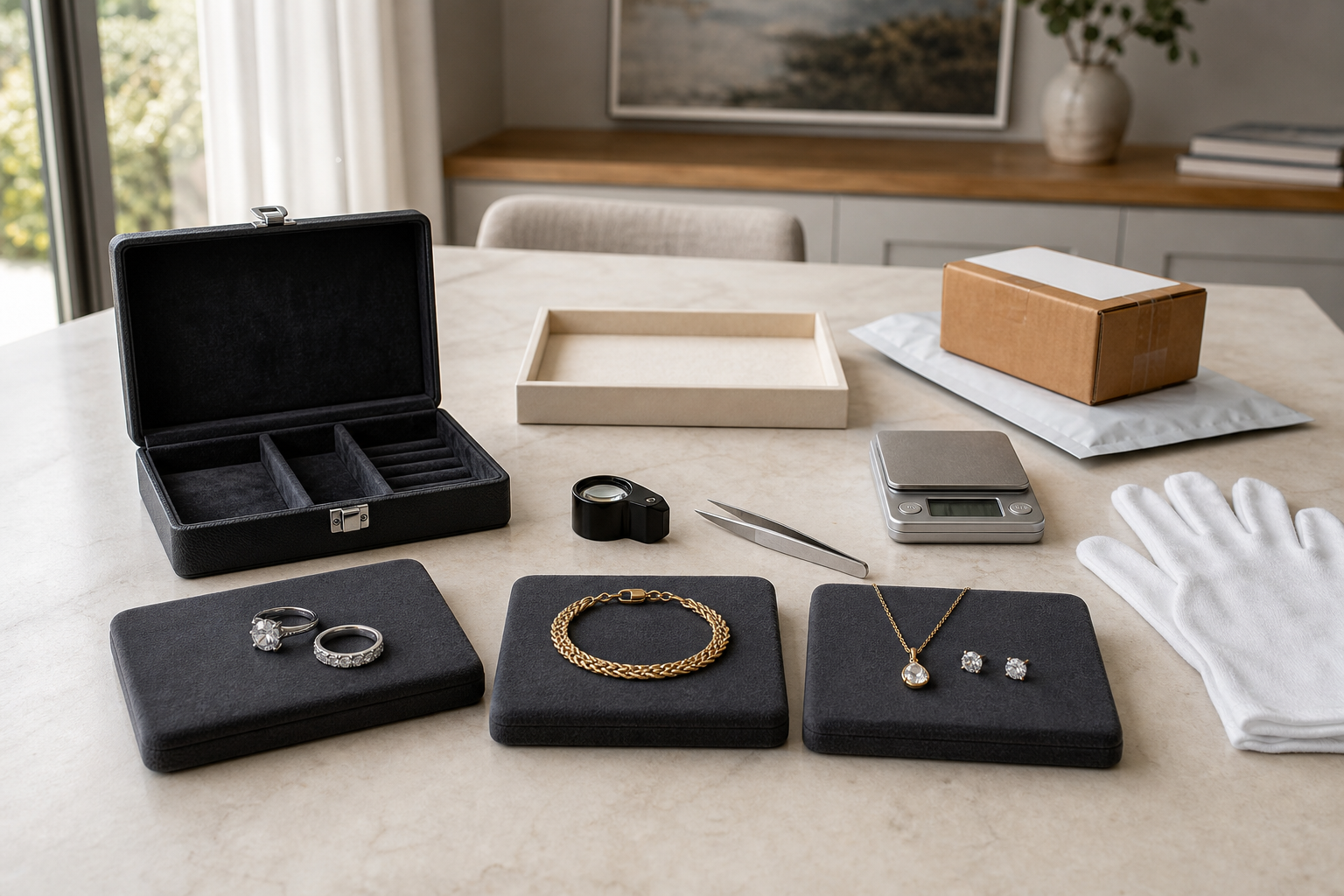 Jewelry assortment with rings, a necklace, and a bracelet displayed alongside packaging and tools on a table.
