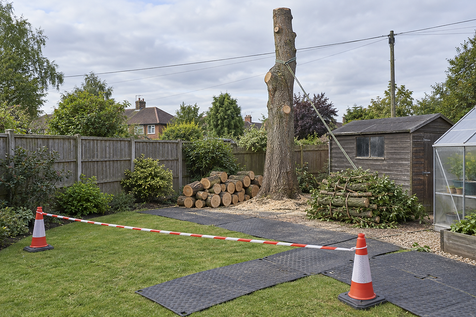 A partially cut tree trunk with surrounding logs and safety cones in a garden near a shed.