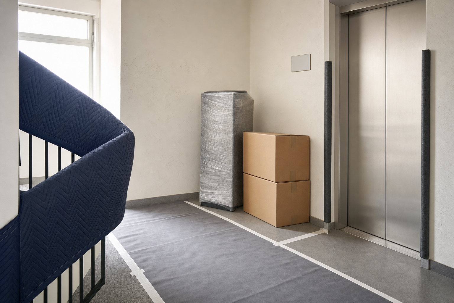 Boxes and a wrapped item are placed near a lift and padded stairwell in a protected corridor.