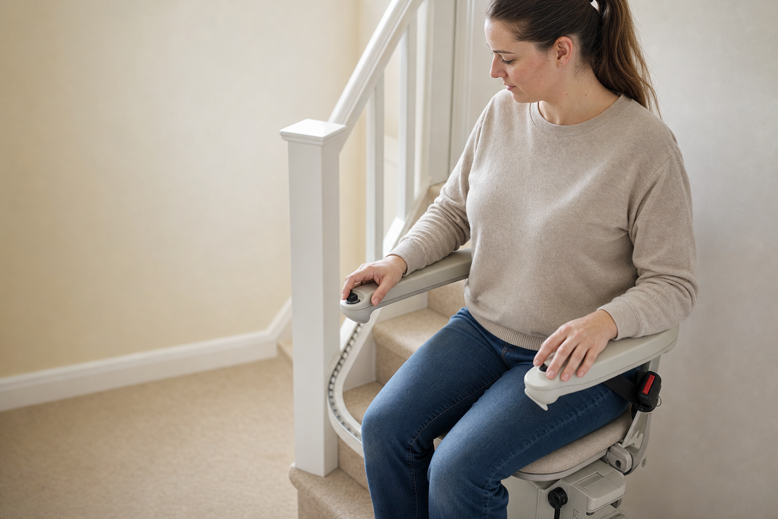 A woman sitting on a stairlift in a home, using the control to navigate the stairs.