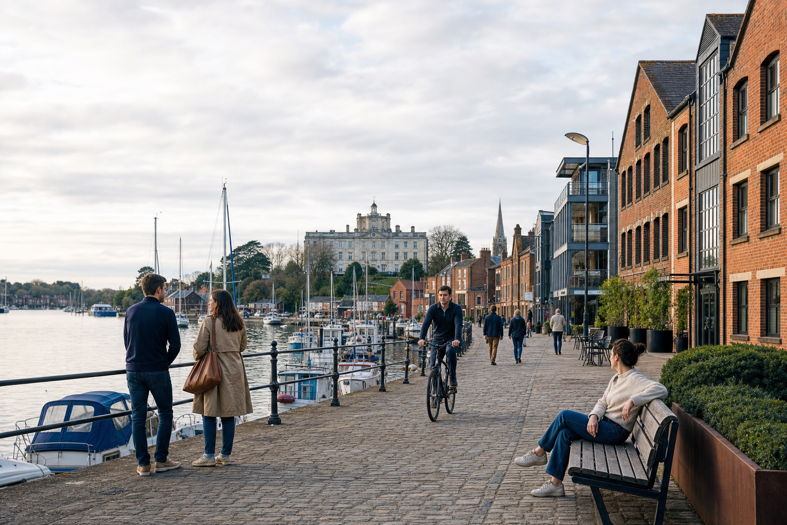People walking, cycling, and sitting along a riverside promenade with moored boats and historic buildings in the background.