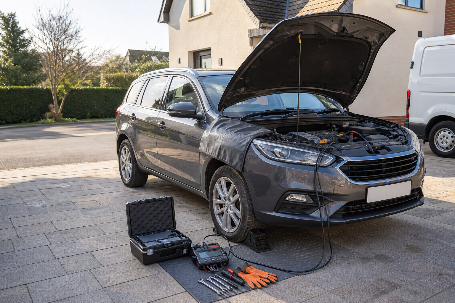 Car with open hood on driveway surrounded by tools and diagnostic equipment.