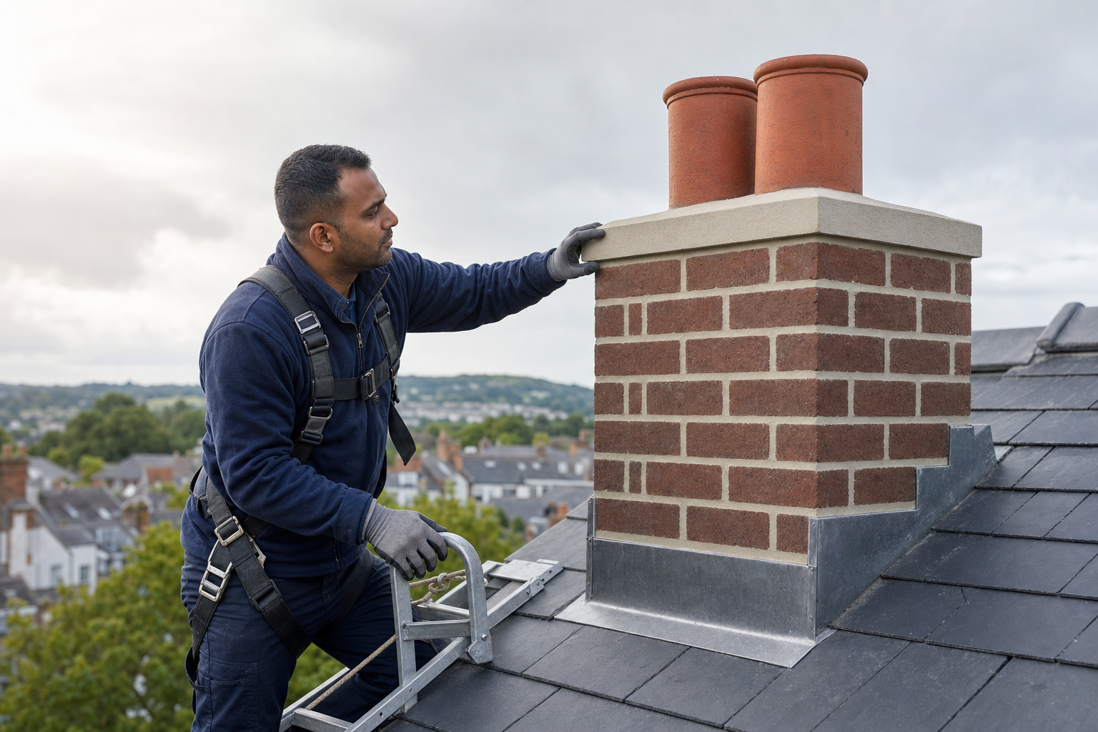 A man in a safety harness inspects a brick chimney on a residential rooftop.