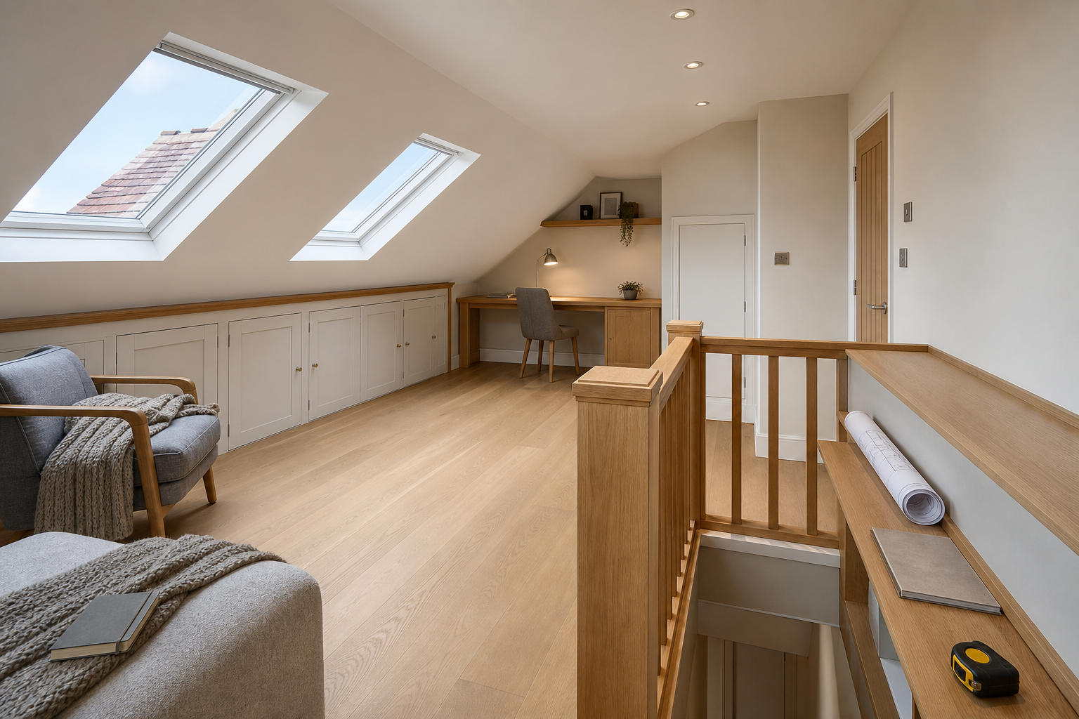 Bright attic office space with skylights, a desk, and a cozy chair.