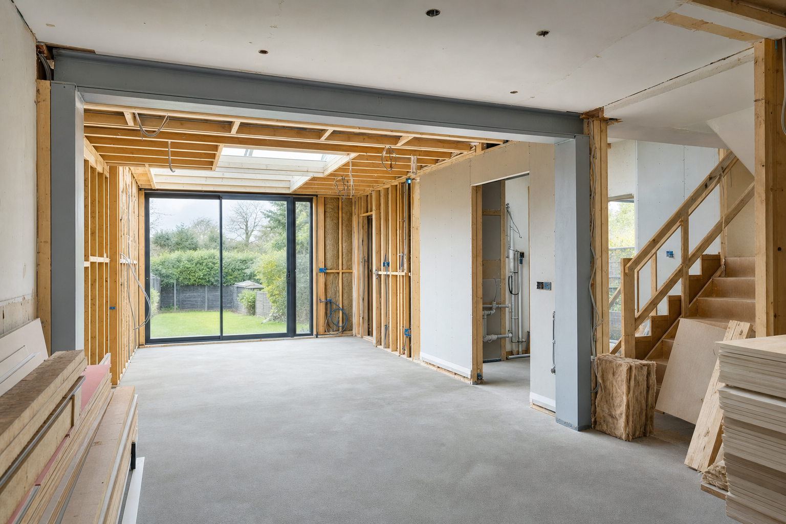 Unfinished home interior with exposed wooden framing, large sliding glass doors, and a view of the garden.