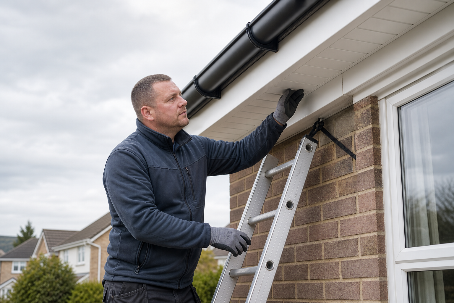 A man on a ladder inspects the soffit of a brick house, wearing gloves and a navy jacket.