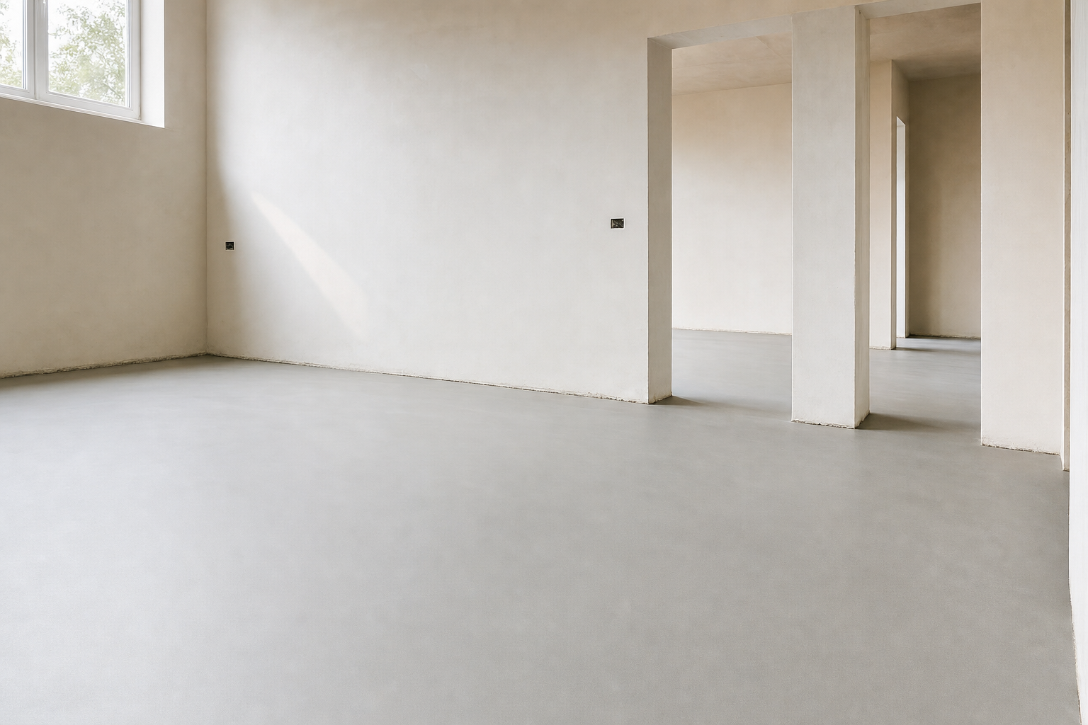 Spacious, empty room with light grey walls, large window, and natural light streaming in.