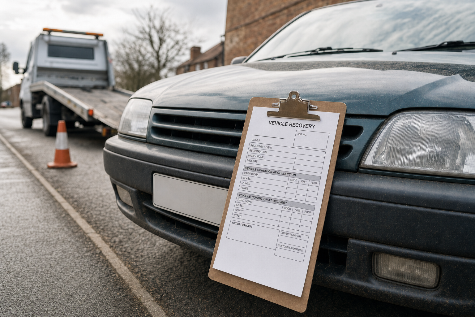 A form on a clipboard rests against a car bumper with a tow truck and traffic cone in the background.