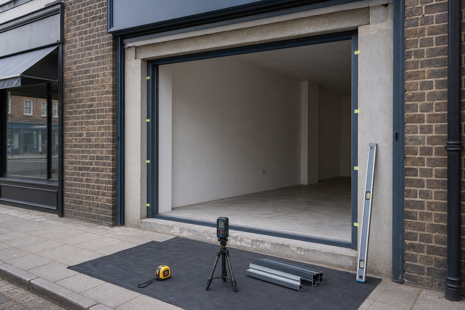 Woman using a laser level at a construction site while holding a tablet.