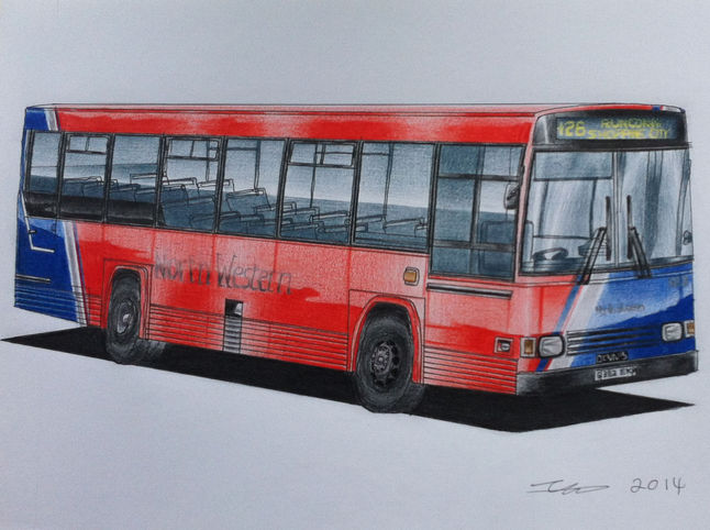 A new pencil drawing is of a North Western East Lancs EL2000 bodied Dennis Falcon based at Runcorn Beechwood depot. They were allocated to services into Liverpool and Chester. This is G382 EKA No 382.