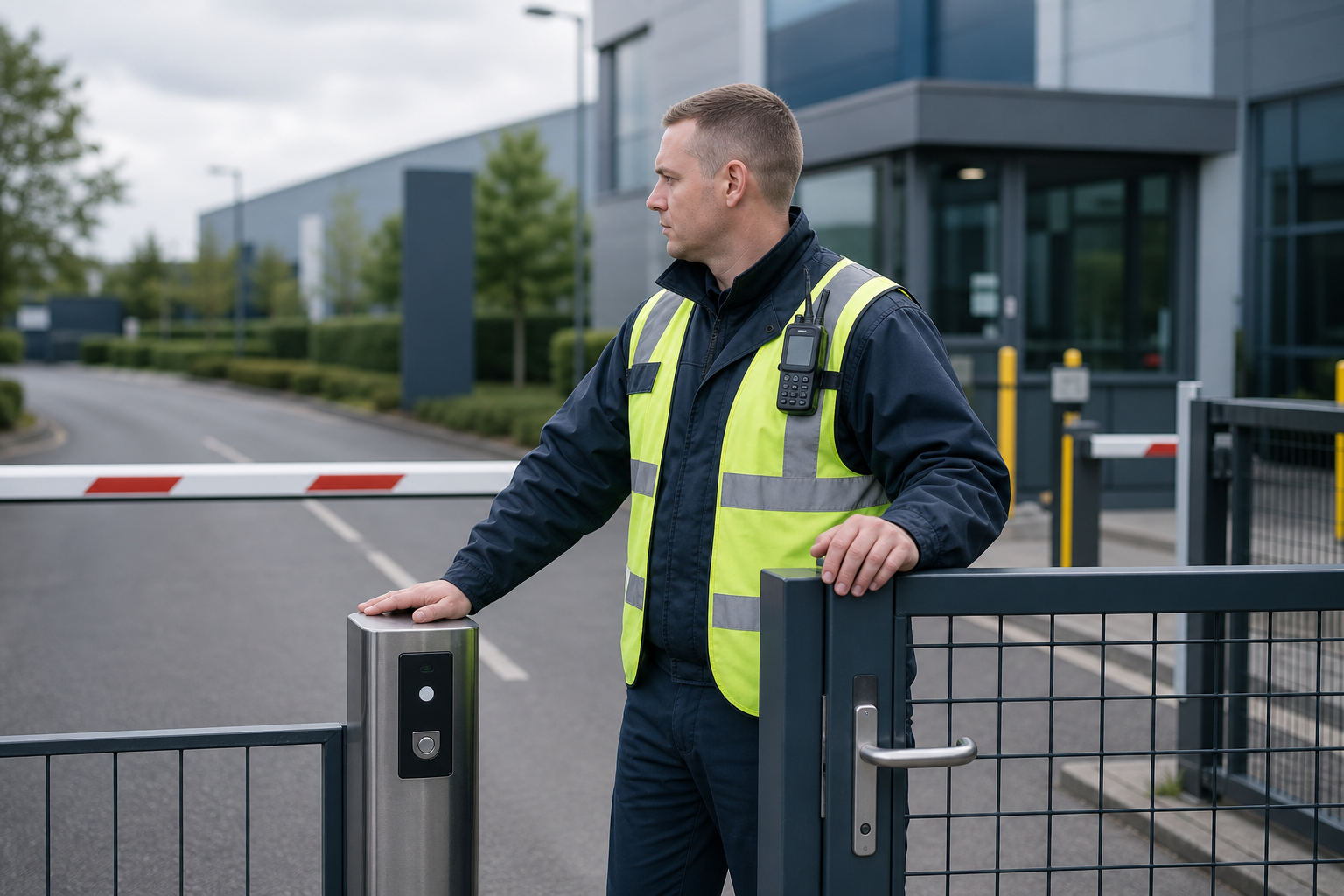 Security guard in a high-visibility vest stands by a gated entrance outside a modern building.