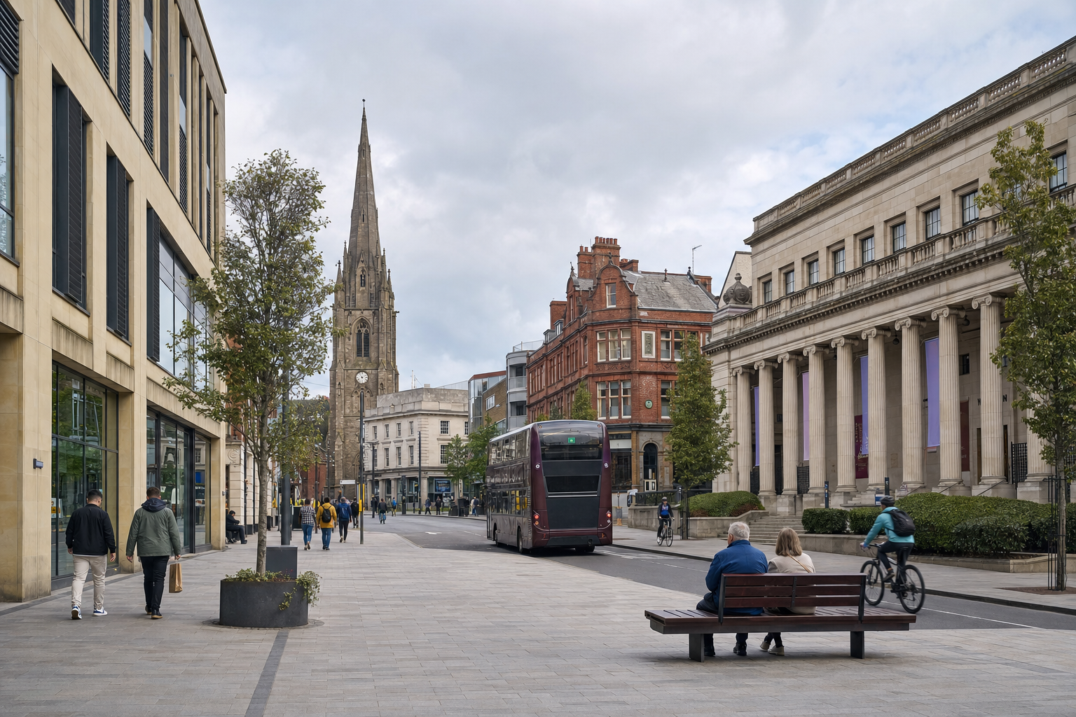 A busy urban street scene with a red double-decker bus, cyclists, pedestrians, and a church spire in the background.