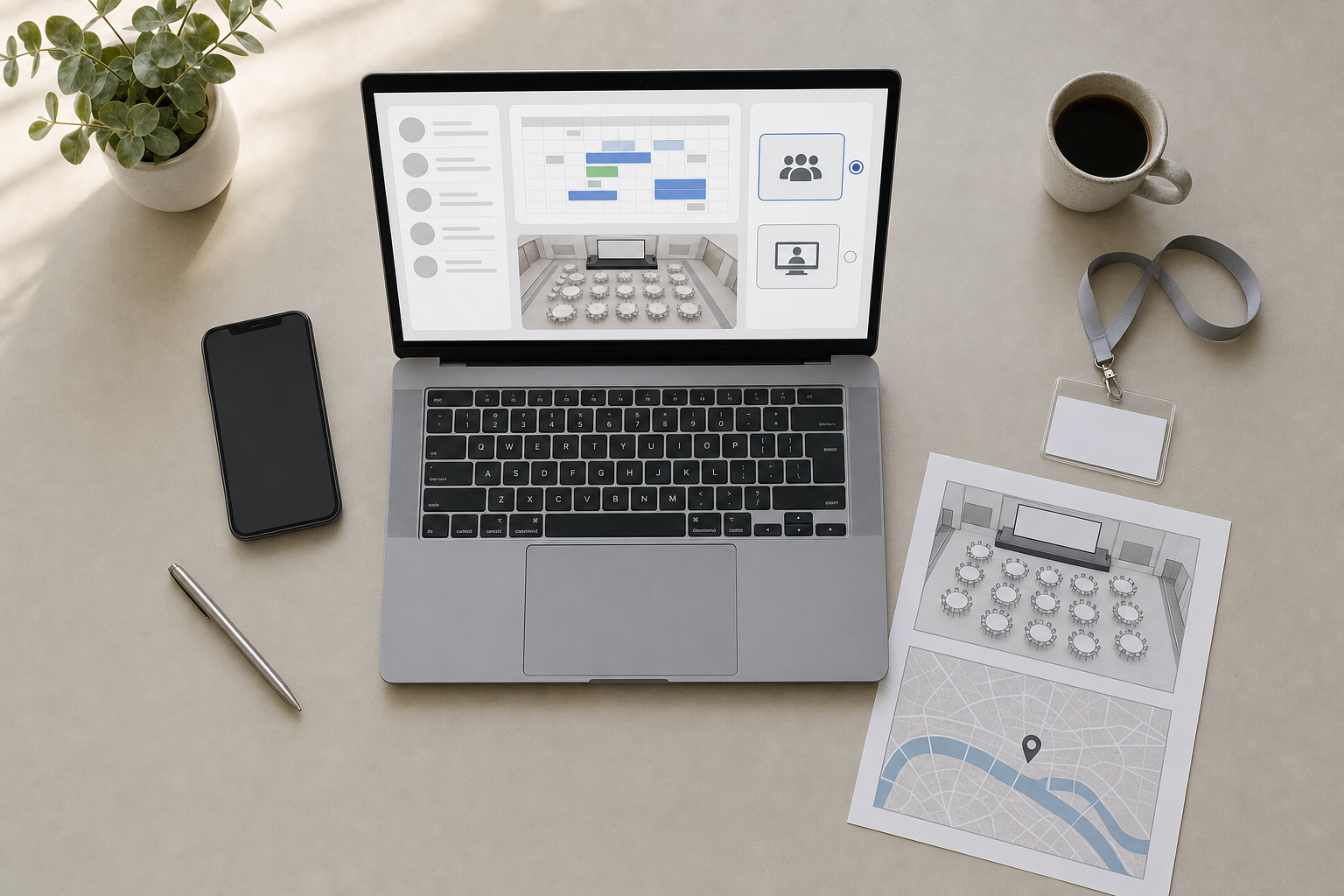 Open laptop displaying event planning software, surrounded by a phone, pen, coffee, plant, and printed floor plan.