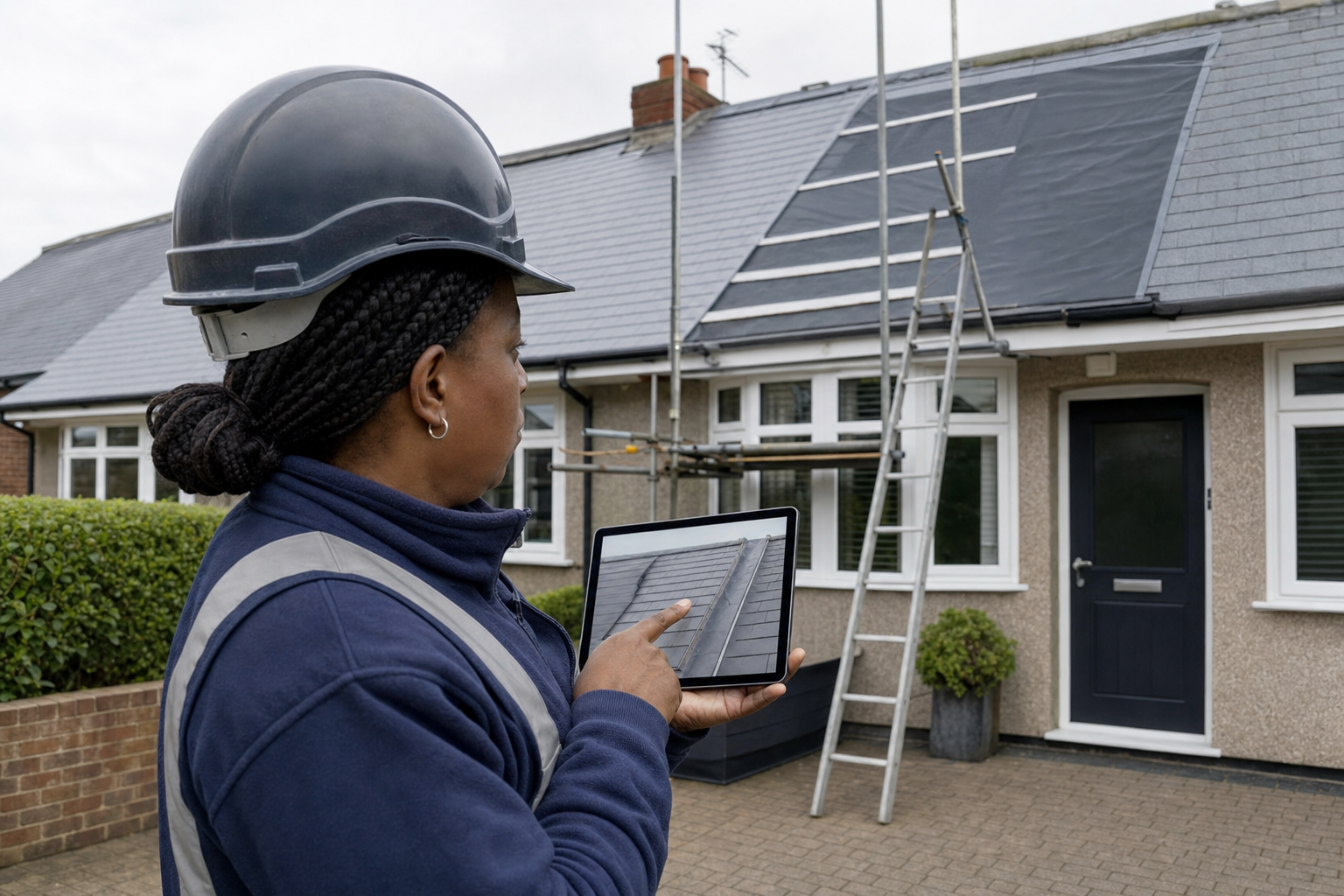 A construction worker wearing a hard hat uses a tablet to assess a house roof with scaffolding and a ladder.