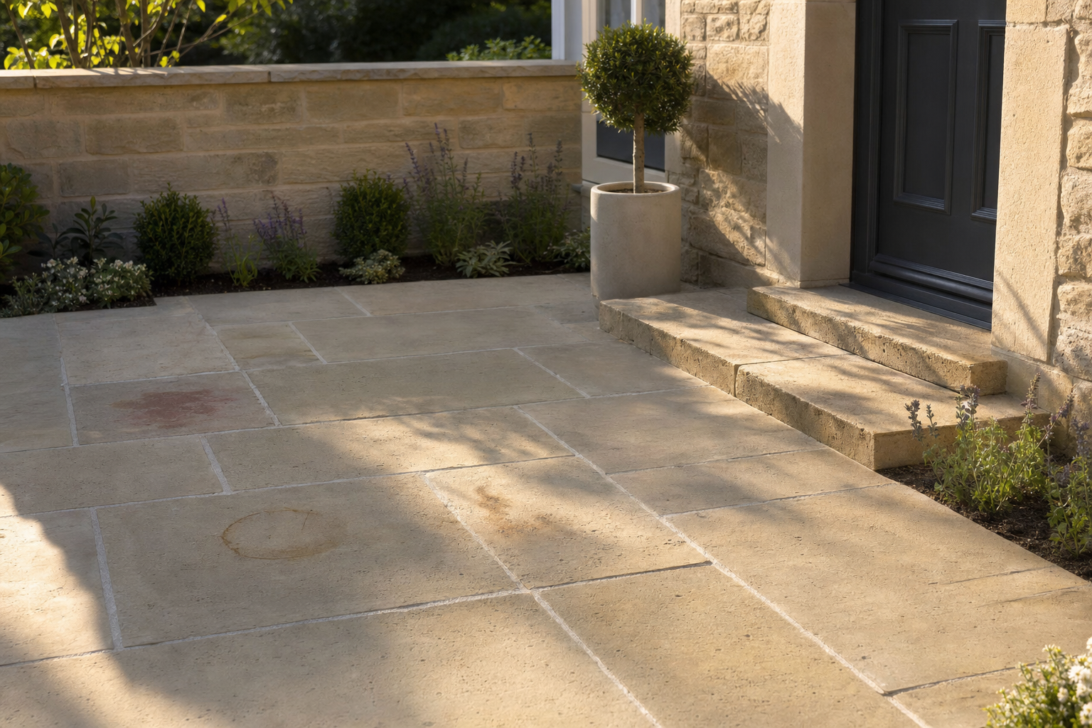 Stone patio with potted topiary and grey door, surrounded by a low stone wall and garden plants.