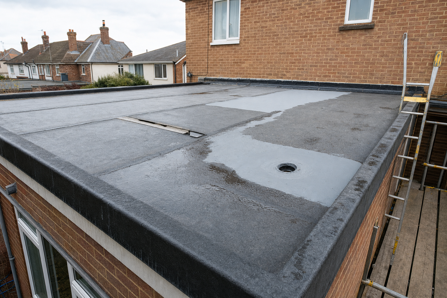 Flat roof with visible patches and a drain hole, adjacent to a brick house with a ladder for access.