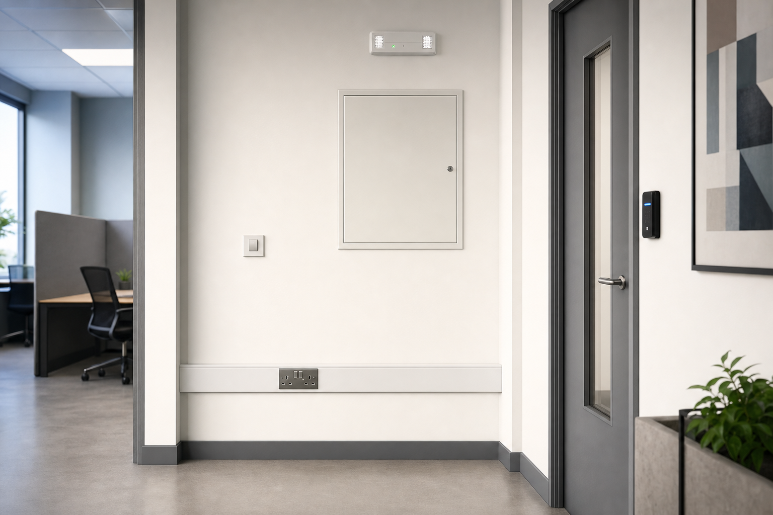 Modern office corridor with a grey door, card reader, and visible part of a desk area.
