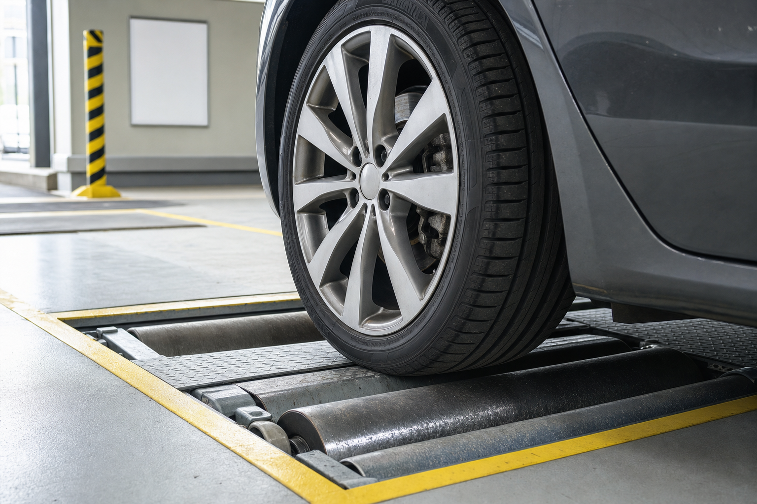 Car tyre on a roller test stand in a garage for maintenance.