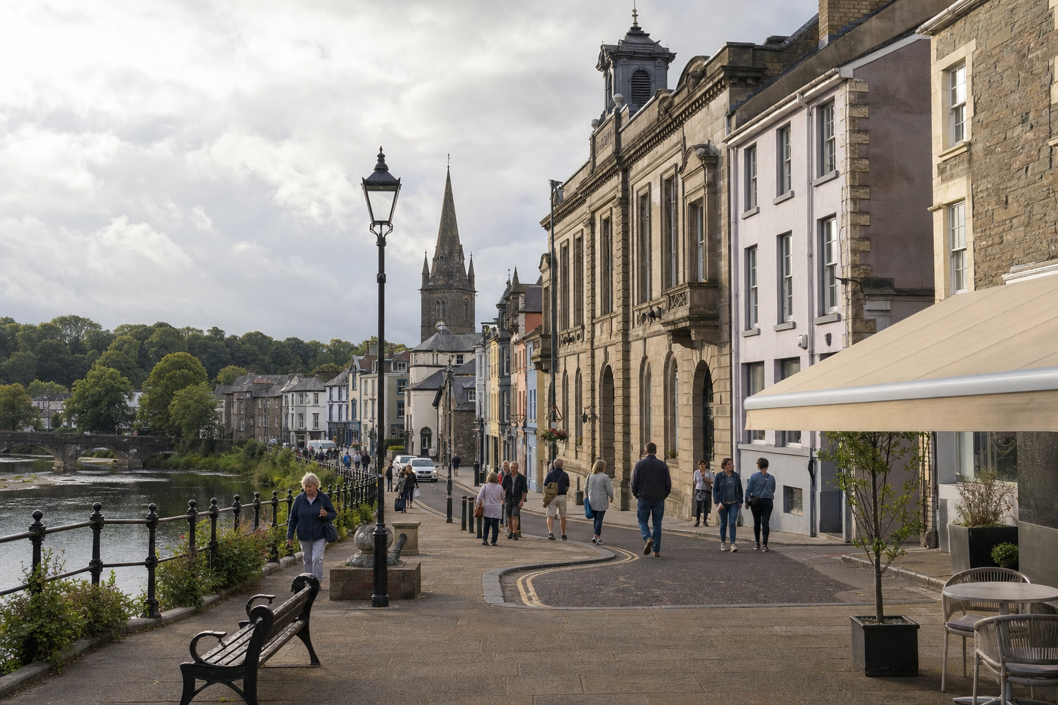People walking along a riverside street lined with historic buildings and a church in the background.