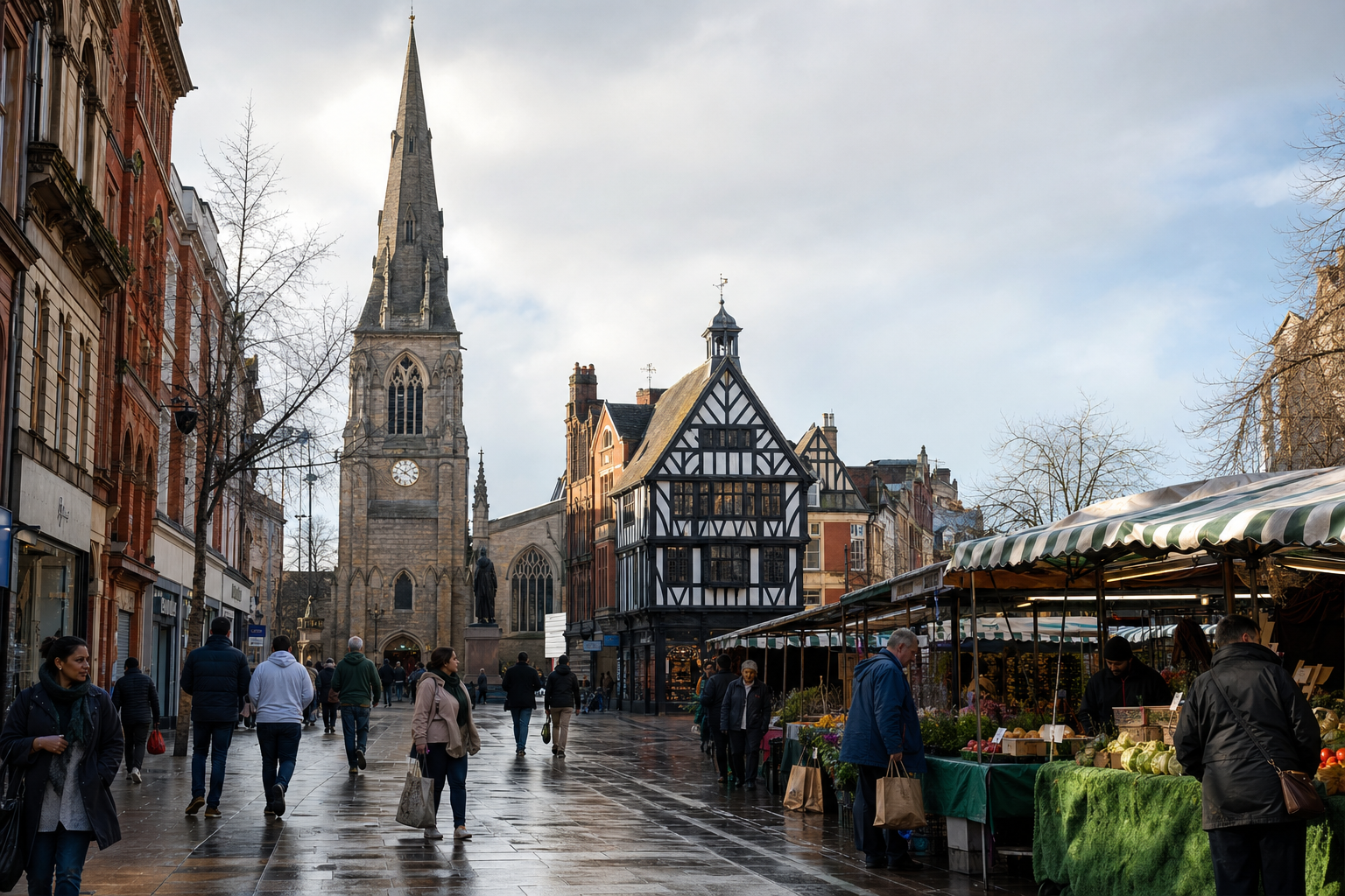 People walking and shopping at an outdoor market on a wet street with historic buildings and a clock tower under a cloudy sky.