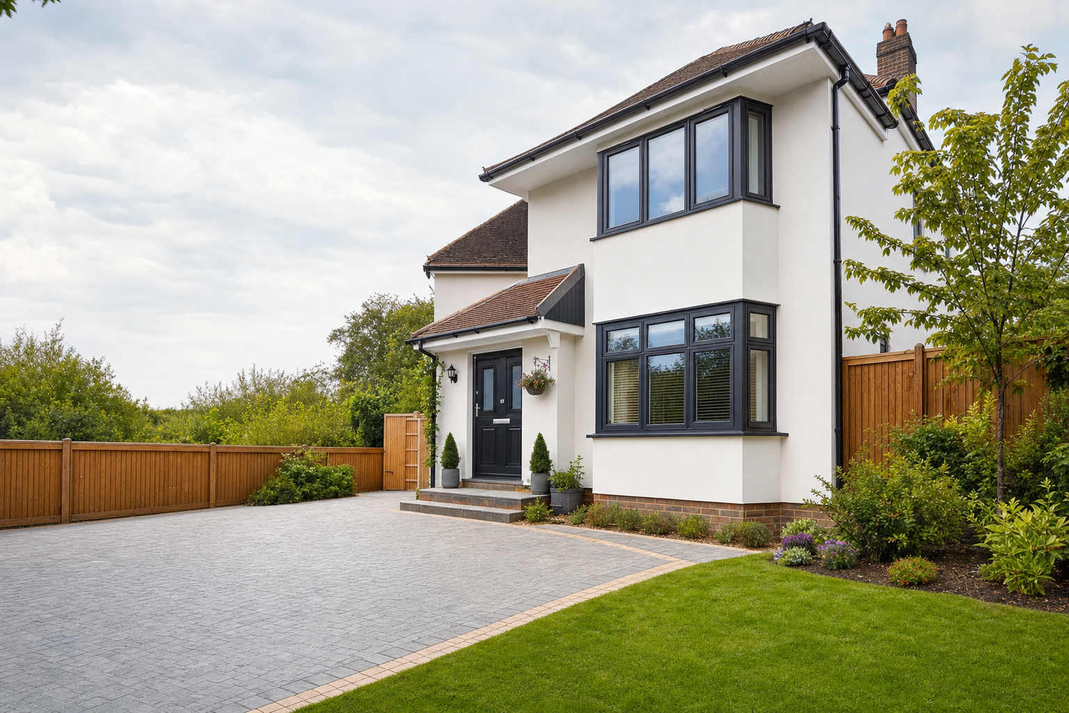 Modern two-storey detached house with a spacious driveway and a well-kept garden.