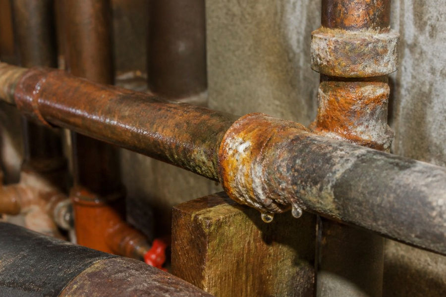 Close-up of corroded metal pipes showing rust, orange mineral deposits, and deterioration on an older water supply line in a basement setting with dim lighting