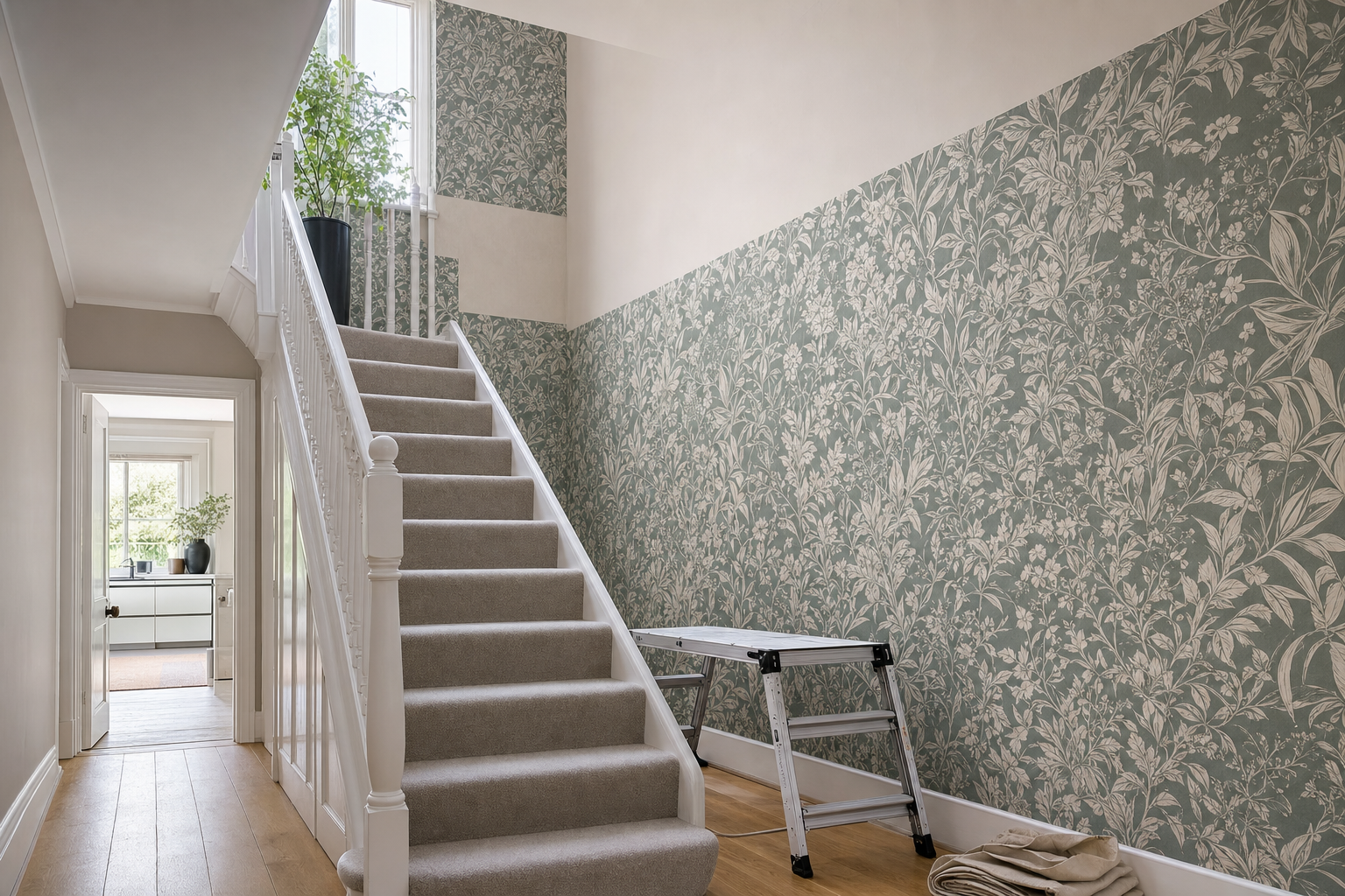 A hallway with wallpapered walls, a carpeted staircase, a potted plant, and a folded ladder.