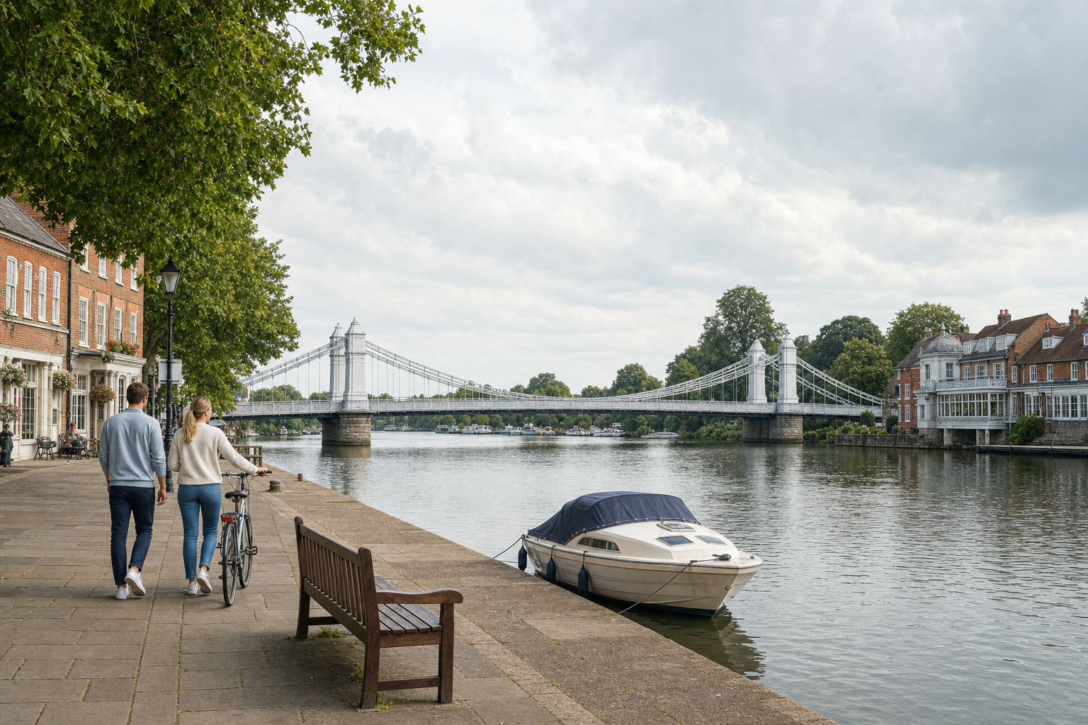 A couple walks along a riverside path with a bicycle, near a parked boat and a distant suspension bridge.