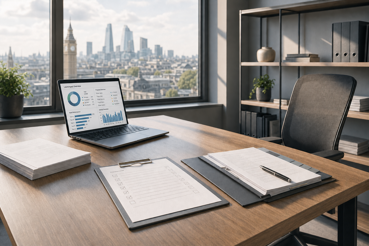 Modern office with a laptop displaying graphs, documents on the desk, and a view of London's skyline through the window.