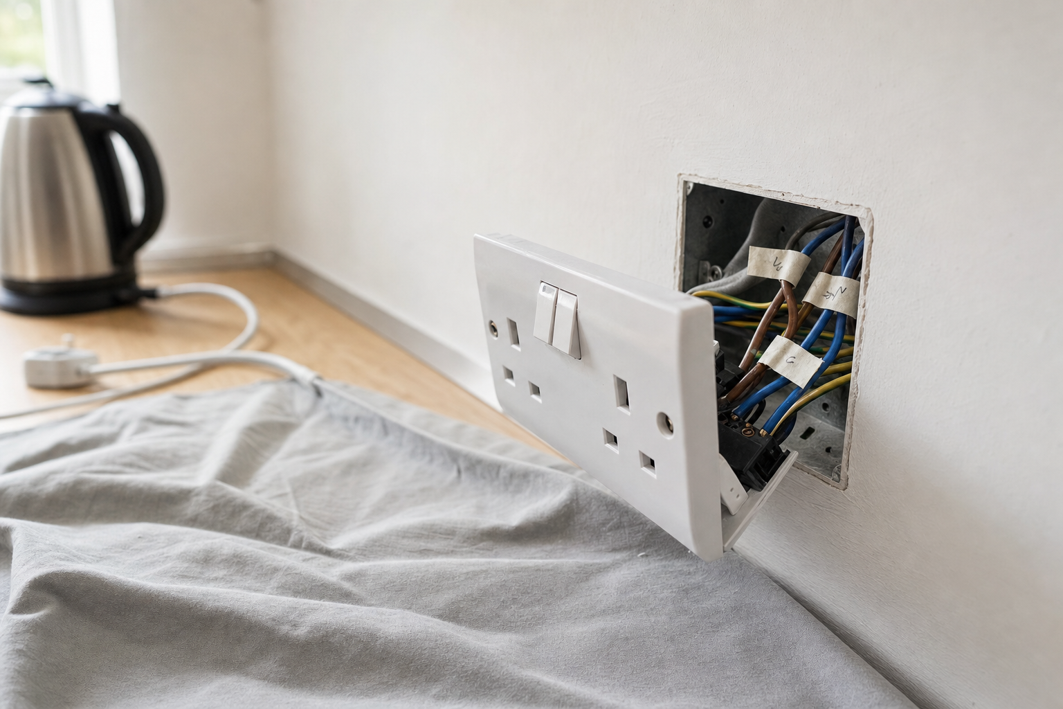 A detached electrical socket exposes internal wiring on a wooden countertop near a kettle.